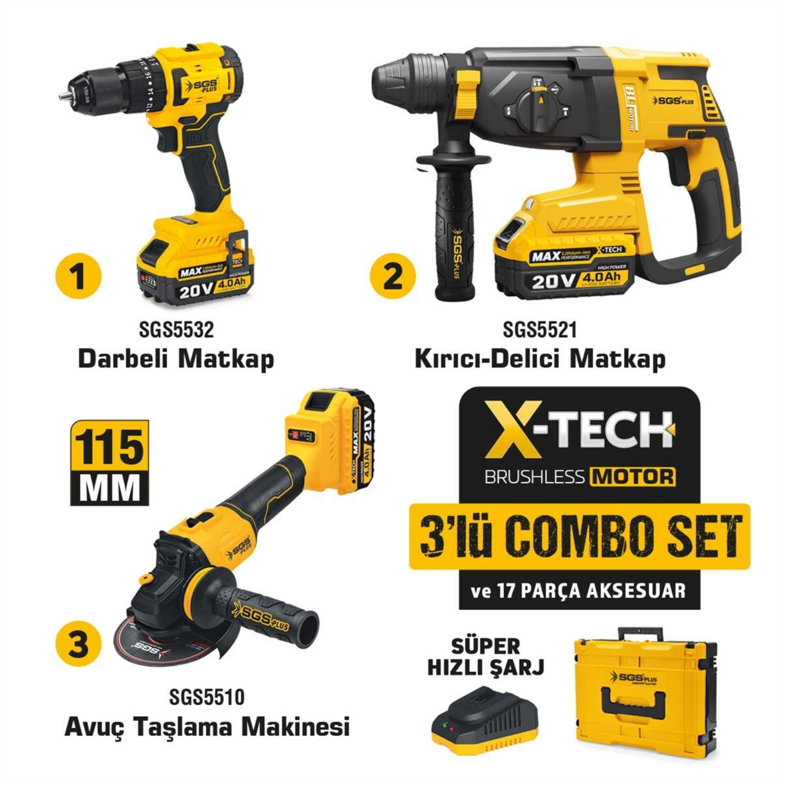 SGS COMBO SET 3 PARÇA (Darbeli Matkap/Kırıcı-Delici Matkap/Avuç Taslama Makinesi)